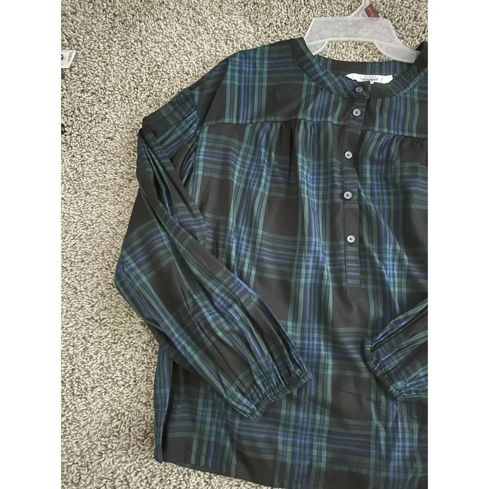 Every Moment Top Long Sleeved Blue Green Scotch Plaid Button blouse Size Medium - Picture 3 of 5